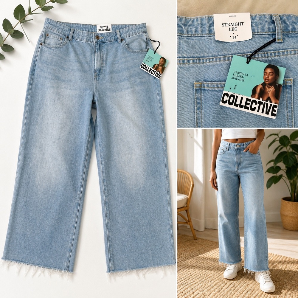 NWT Future Collective Straight Leg Raw Hem Light‎ Wash Jeans 24 Wide Leg